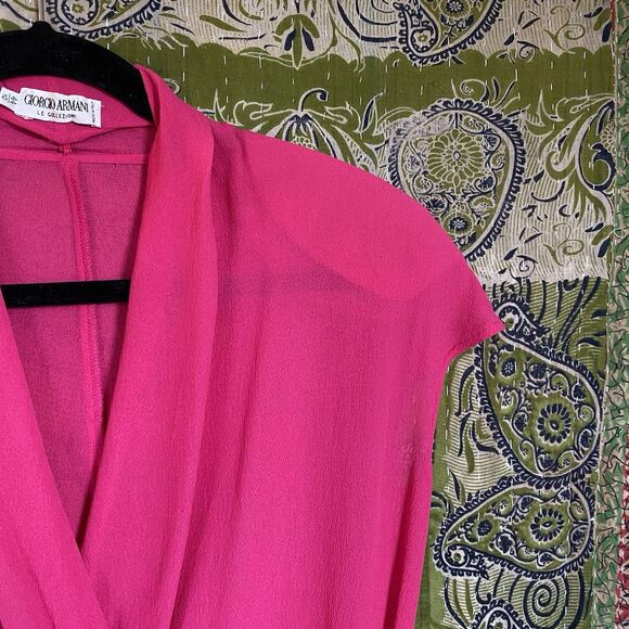 Vintage 80's Giorgio Armani Magenta Silk Semi-Sheer Wrap Front Blouse Size 10 - Picture 4 of 16
